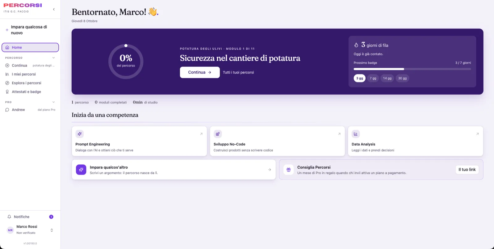 Percorsi: la pagina di chi studia, con il corso in corso